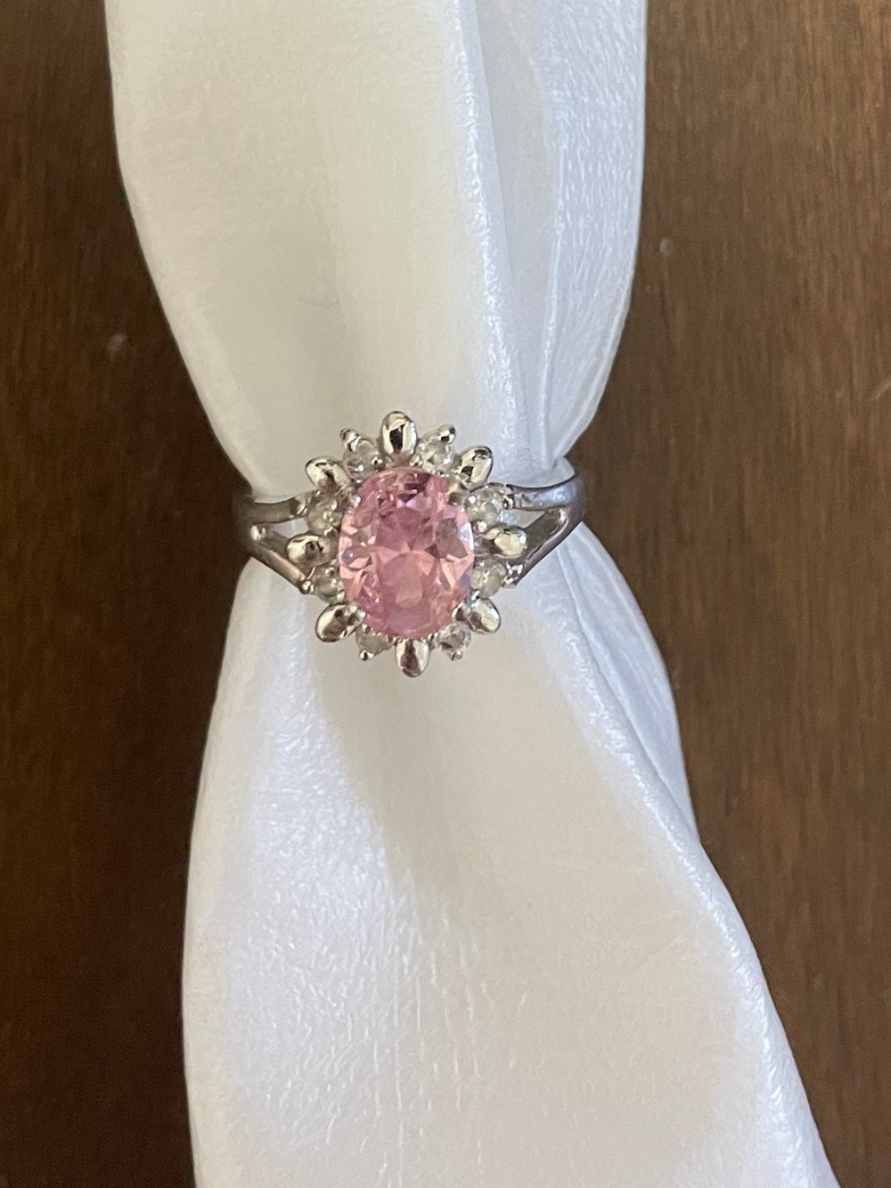 Pink Oval Halo Cocktail Ring in Silver Tone